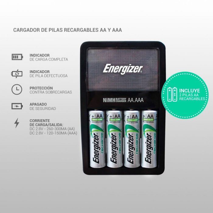 Cargador Energizer MINI p/ Pilas AA y AAA + 2 Pilas Recargables AA - Imagen 4