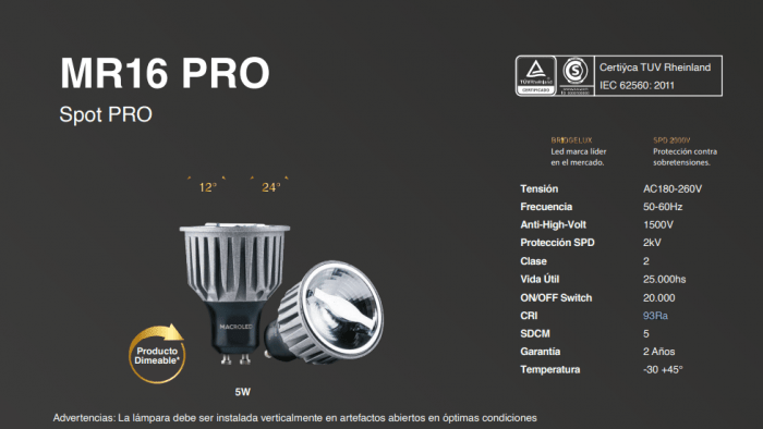 Lampara Dicroica Aluminio Gu10 5w Triac Dim 2700k 12° Macroled - Imagen 3