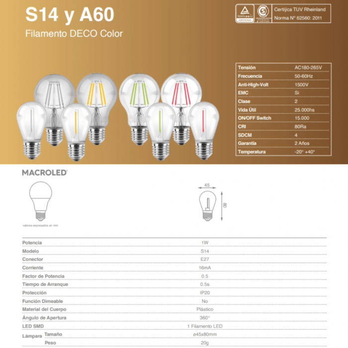 Lampara Bulbo Filamento Led Gota 1w Color E27 Macroled - Imagen 3