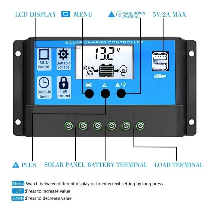 Regulador De Carga Panel Solar 10a 12v 24v Display Usb Pwm - Imagen 4