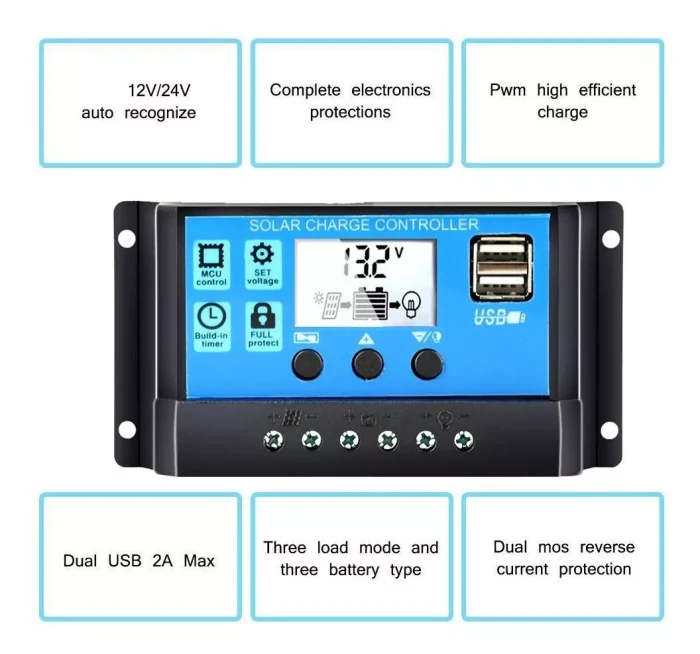 Regulador De Carga Panel Solar 10a 12v 24v Display Usb Pwm - Imagen 3