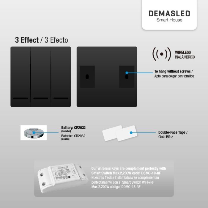Tecla Inalámbrica RF, 3 Efectos Smart House, Negro - Imagen 2