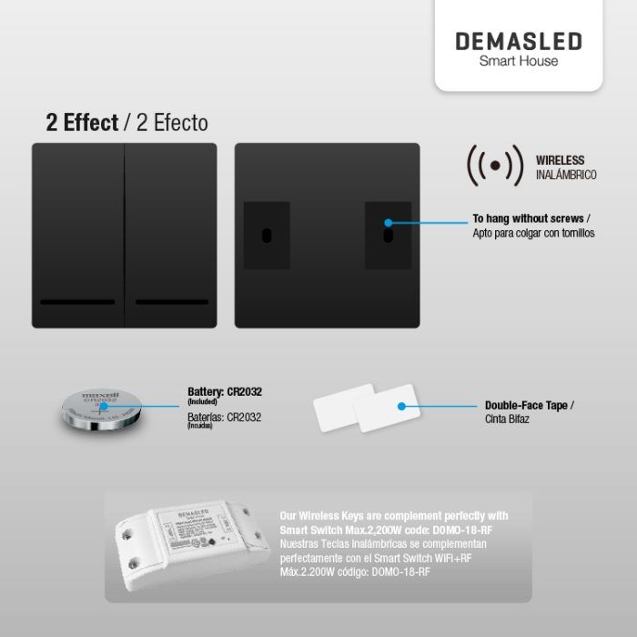 Tecla Inalámbrica Rf, 2 Efectos Smart House, Negro - Imagen 6