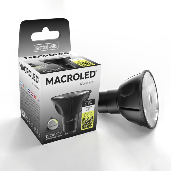 DICROICA MACROLED ALUMINIO NEGRA COB GU10 6.5W DIM AC180-265V 24° FP>0.8 2700K 600LM - Imagen 3