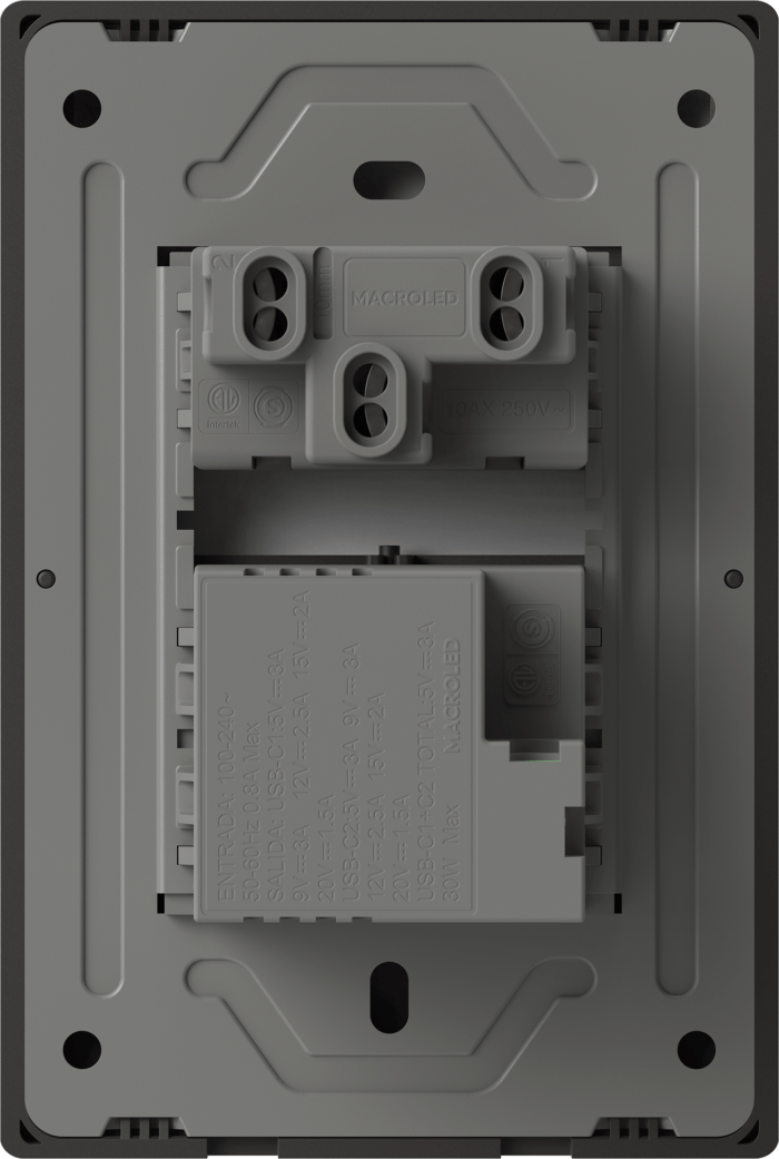 TECLA Y USB-C MILAN GRIS MACROLED, 1 CANAL, 2 VIAS, AC 250V, 10A MAX. 2 USB-C DE 30W, BASTIDOR METALICO - Imagen 2