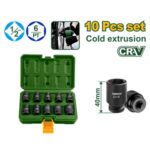 KIT DE VASOS DE IMPACTO DE 10 PIEZAS DE 1/2'' - 40MM - TAMAÑO: 10, 12, 13, 14, 15, 17, 19, 21, 22, 24MM - MATERIAL: CR-V + TRAT. TÉRMICO