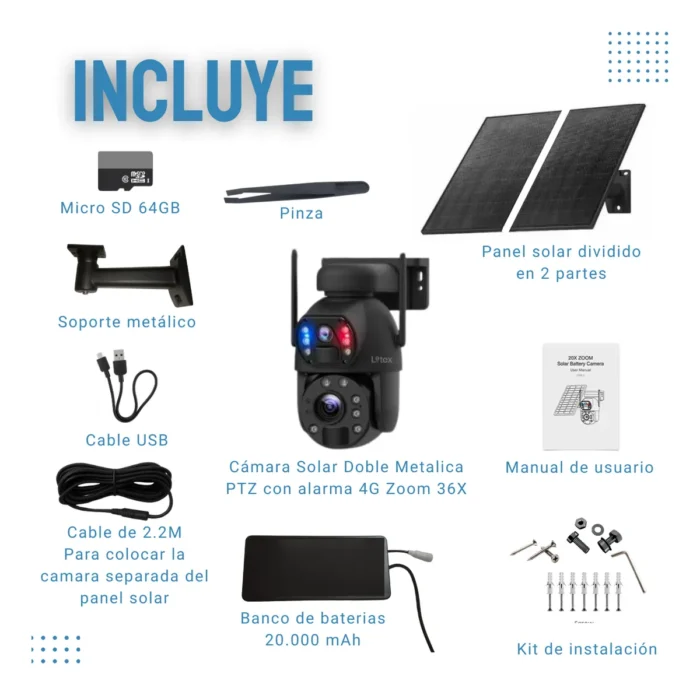 CAMARA SEGURIDAD SOLAR - DOMO DOBLE LENTE 4G ZOOM 36X - Imagen 2